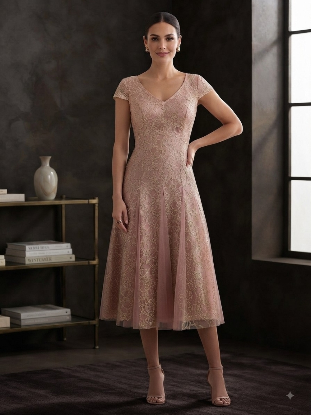Elegant V-Neck Lace Midi Dress in Dusty Pink